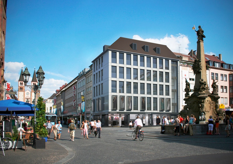 Fotorealistische Visualisierung Ansicht mit Vierröhrenbrunnen und Domstraße